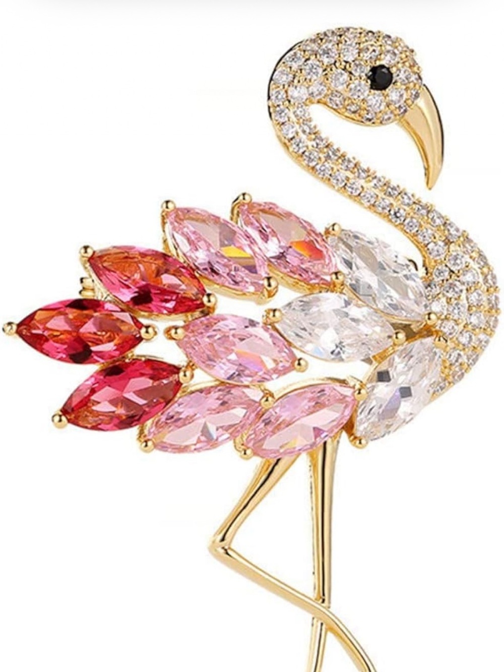 Vintage Elegant Gold Flamingo Brooch with Red, Pink and Clear Crystals